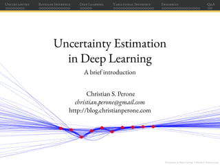 Uncertainty in Deep Learning - Christian S. Perone (2019)
Uncertainties Bayesian Inference Deep Learning Variational Inference Ensembles Q&A
Uncertainty Estimation
in Deep Learning
A brief introduction
Christian S. Perone
christian.perone@gmail.com
http://blog.christianperone.com
 