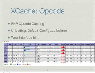 XCache: Opcode
                    PHP Opcode Caching

                    Unbedingt Default-Conﬁg „aufbohren“

                    Web-Interface hilft




                                          39
Freitag, 13. Mai 2011
 