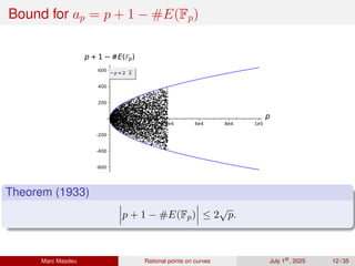 Bound for ap = p + 1 − #E(Fp)
2e4 4e4 6e4 8e4 1e5
p
-600
-400
-200
200
400
600
p+1 #E( p)
y=2 x
Theorem (1933)
p + 1 − #E(Fp) ≤ 2
√
p.
Marc Masdeu Rational points on curves July 1st
, 2025 12 / 35
 