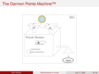 The Darmon Points Machine™
Non-archimedean
Archimedean
Ramification
Periods Machine
H∗
H∗
2014
Marc Masdeu Rational points on curves July 1st
, 2025 35 / 35
 