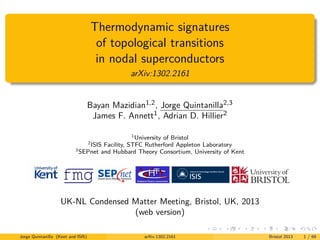 Thermodynamic signatures
of topological transitions
in nodal superconductors
arXiv:1302.2161
Bayan Mazidian1,2, Jorge Quintanilla2,3
James F. Annett1, Adrian D. Hillier2
1
University of Bristol
2
ISIS Facility, STFC Rutherford Appleton Laboratory
3
SEPnet and Hubbard Theory Consortium, University of Kent
UK-NL Condensed Matter Meeting, Bristol, UK, 2013
(web version)
Jorge Quintanilla (Kent and ISIS) arXiv:1302.2161 Bristol 2013 1 / 69
 