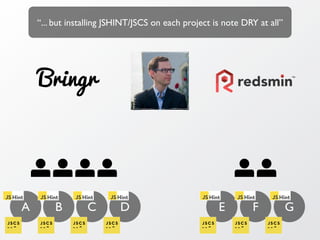 Bringr
A B FC D E G
“... but installing JSHINT/JSCS on each project is not DRY at all”
 