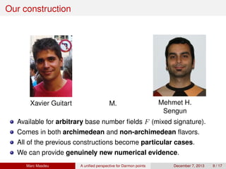 Our construction
Xavier Guitart M. Mehmet H.
Sengun
Available for arbitrary base number ﬁelds F (mixed signature).
Comes in both archimedean and non-archimedean ﬂavors.
All of the previous constructions become particular cases.
We can provide genuinely new numerical evidence.
Marc Masdeu A uniﬁed perspective for Darmon points December 7, 2013 9 / 17
 