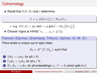 Cohomology
Recall that S(E, K) and ν determine:
Γ = ιν R[1/ν]×
1 ⊂ SL2(Fν).
e.g. S(E, K) = {p} and ν = p give Γ = SL2 OF [1
p ] .
Choose “signs at inﬁnity” s1, . . . , sn ∈ {±1}.
Theorem (Darmon, Greenberg, Trifkovic, Gartner, G.–M.–S.)
There exists a unique (up to sign) class
ΦE ∈ Hn
Γ, Ω1
Hν
such that:
1 TlΦE = alΦE for all l N.
2 UqΦE = aqΦE for all q | N.
3 Wσi ΦE = siΦE for all embeddings σi : F → R which split in K.
Marc Masdeu A uniﬁed perspective for Darmon points December 7, 2013 4 / 6
 