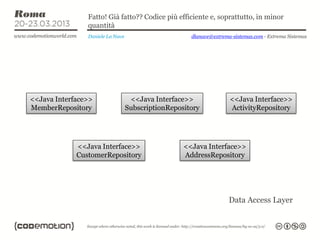 Fatto! Già fatto?? Codice più efficiente e, soprattutto, in minor
                quantità
                Daniele La Nave                      dlanave@extrema-sistemas.com - Extrema Sistemas




<<Java Interface>>                 <<Java Interface>>               <<Java Interface>>
MemberRepository                  SubscriptionRepository            ActivityRepository




             <<Java Interface>>                    <<Java Interface>>
             CustomerRepository                    AddressRepository




                                                                    Data Access Layer
 