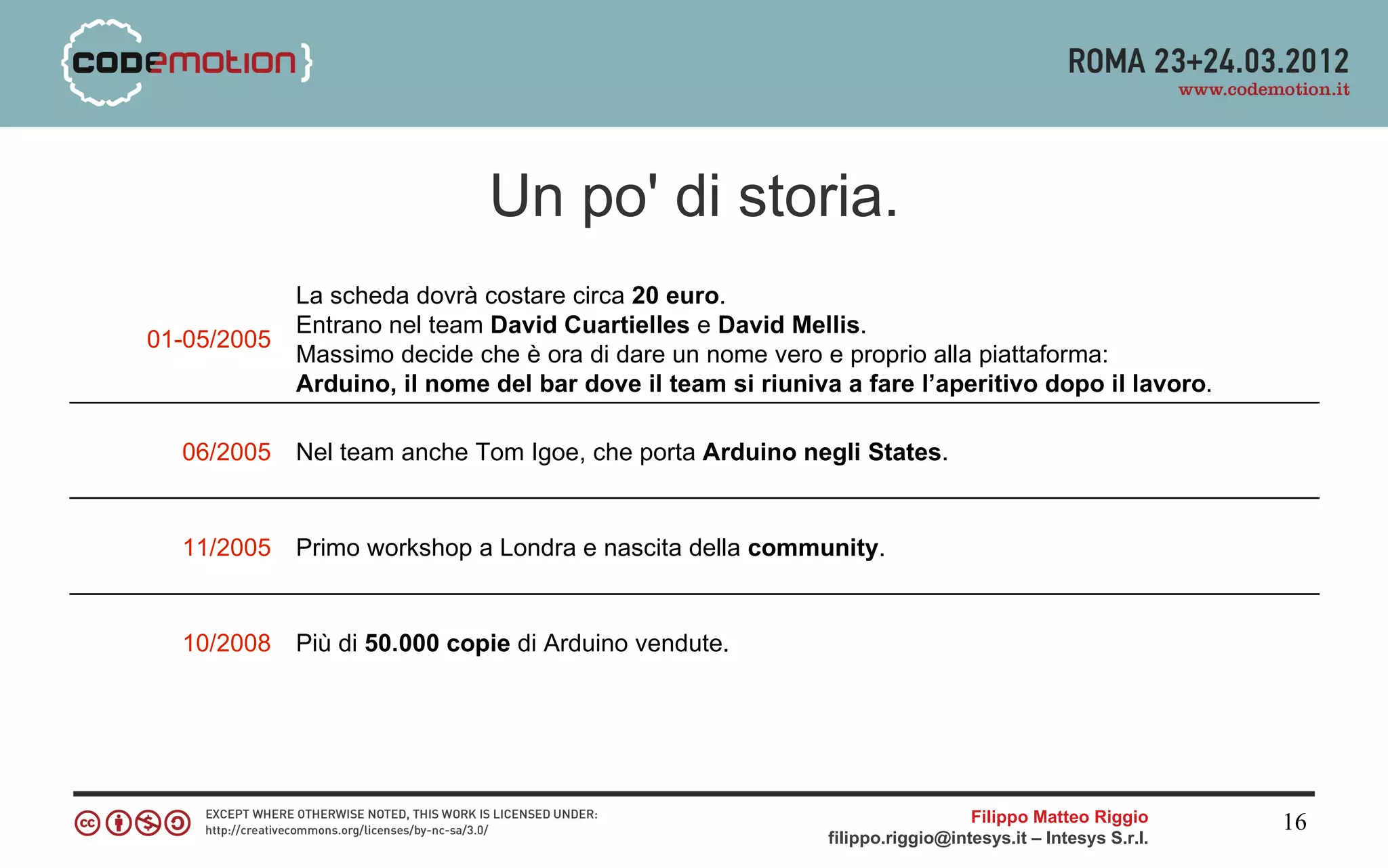 Un po' di storia.
             La scheda dovrà costare circa 20 euro.
             Entrano nel team David Cuartielles e David Mellis.
01-05/2005
             Massimo decide che è ora di dare un nome vero e proprio alla piattaforma:
             Arduino, il nome del bar dove il team si riuniva a fare l’aperitivo dopo il lavoro.

  06/2005    Nel team anche Tom Igoe, che porta Arduino negli States.


  11/2005    Primo workshop a Londra e nascita della community.


  10/2008    Più di 50.000 copie di Arduino vendute.




                                                                               Filippo Matteo Riggio      16
                                                             filippo.riggio@intesys.it – Intesys S.r.l.
 