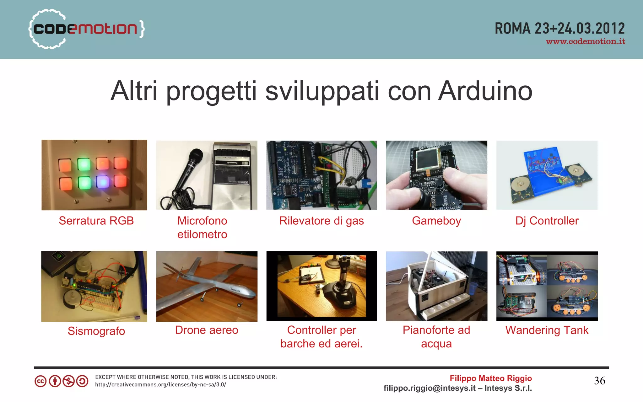 Altri progetti sviluppati con Arduino



Serratura RGB   Microfono     Rilevatore di gas          Gameboy                       Dj Controller
                etilometro




 Sismografo     Drone aereo    Controller per          Pianoforte ad                Wandering Tank
                              barche ed aerei.            acqua

                                                                    Filippo Matteo Riggio              36
                                                  filippo.riggio@intesys.it – Intesys S.r.l.
 