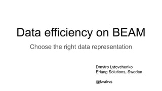 Data efficiency on BEAM
Choose the right data representation
Dmytro Lytovchenko
Erlang Solutions, Sweden
@kvakvs
 