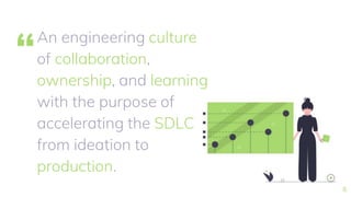 “
An engineering culture
of collaboration,
ownership, and learning
with the purpose of
accelerating the SDLC
from ideation to
production.
8
 