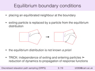 Equilibrium boundary conditions 
• placing an equilibrated neighbour at the boundary 
• exiting particle is replaced by a particle from the equilibrium 
distribution 
• the equilibrium distribution is not known a priori 
• TRICK: independence of exiting and entering particles ➣ 
reduction of dynamics to propagation of response functions 
Discretised relaxation path sampling (DRPS) 9 /19 bf269@cam.ac.uk 
 