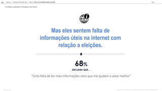 Mas eles sentem falta de
informações úteis na internet com
relação a eleições.
“Sinto falta de ter mais informações úteis que me ajudem a votar melhor”
68%
DECLARA QUE...
O QUANTO VOCÊ CONCORDA COM AS SEGUINTES FRASES SOBRE O PODER DA INTERNET NA POLÍTICA:
GOOGLE JOVENS & ELEI ES 2018 TALK
107
% TOP2BOX (CONCORDO TOTALMENTE/ UM POUCO)
BASE TOTAL: 1105
| CAP. 4: COMO SE INFORMAM SOBRE ELEIÇÕES
 