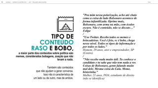TIPO DE
CONTE DO
RASO E BOBO,
"Pra mim ne a polari a o, acho a cha o
como a coi a do lado Bol onaro acon ece de
forma infan ili ada. Oprime mai ,
Bol onaro, com arma na m o, com c lo
e c ro. N o con e do, n o e di c e "
Felipe
/
"U o T i er. Recebo odo o meme e
brincadeira . Voc feio, c bobo, chega
ne e n el. Todo o ipo de informa o e
por odo o lado ."
H , 29 a , a , SP
(C )
/
"N o recebo nada m i o il. T conhece o
candida o e abe q e n o em nada a er.
Coi a de Bol onaro, gen e falando m i o
mal dele. Me ma coi a do L la. Meme,
hi orinha."
M , 21 a , POA, a
( a)
a maior parte dos conteúdos sobre política são
memes, considerados bobagens, zoação que não
levam a nada.
Também são conteúdos
que não ajudam a gerar conversa.
Isso não é característica de
um lado ou de outro, mas de ambos.
GOOGLE JOVENS & ELEI ES 2018 TALK
15 | CAP. 1: RELAÇÃO COM ELEIÇÕES
 
