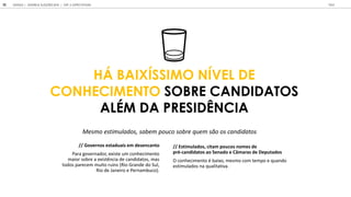 HÁ BAIXÍSSIMO NÍVEL DE
CONHECIMENTO SOBRE CANDIDATOS
ALÉM DA PRESIDÊNCIA
// Governos estaduais em desencanto
Para governador, existe um conhecimento
maior sobre a existência de candidatos, mas
todos parecem muito ruins (Rio Grande do Sul,
Rio de Janeiro e Pernambuco).
// Estimulados, citam poucos nomes de
pré-candidatos ao Senado e Câmaras de Deputados
O conhecimento é baixo, mesmo com tempo e quando
estimulados na qualitativa.
Mesmo estimulados, sabem pouco sobre quem são os candidatos
GOOGLE JOVENS & ELEI ES 2018 TALK
55 | CAP. 2: EXPECTATIVAS
 