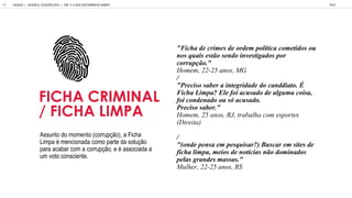 Assunto do momento (corrupção), a Ficha
Limpa é mencionada como parte da solução
para acabar com a corrupção, e é associada a
um voto consciente.
"Ficha de crimes de ordem política cometidos ou
nos quais estão sendo investigados por
corrupção."
Homem, 22-25 anos, MG
/
"Preciso saber a integridade do canddiato. É
Ficha Limpa? Ele foi acusado de alguma coisa,
foi condenado ou só acusado.
Preciso saber."
Homem, 25 anos, RJ, trabalha com esportes
(Direita)
/
"(onde pensa em pesquisar?) Buscar em sites de
ficha limpa, meios de notícias não dominados
pelas grandes massas."
Mulher, 22-25 anos, RS
FICHA CRIMINAL
/ FICHA LIMPA
GOOGLE | JOVENS & ELEIÇÕES 2018 TALK
CAP. 3: O QUE GOSTARIAM DE SABER?
63
 