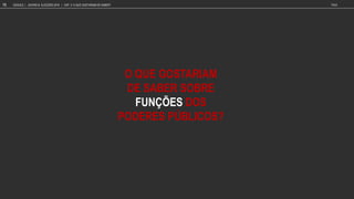 O QUE GOSTARIAM
DE SABER SOBRE
FUNÇÕES DOS
PODERES PÚBLICOS?
GOOGLE JOVENS & ELEI ES 2018 TALK
73 CAP. 3: O QUE GOSTARIAM DE SABER?
 