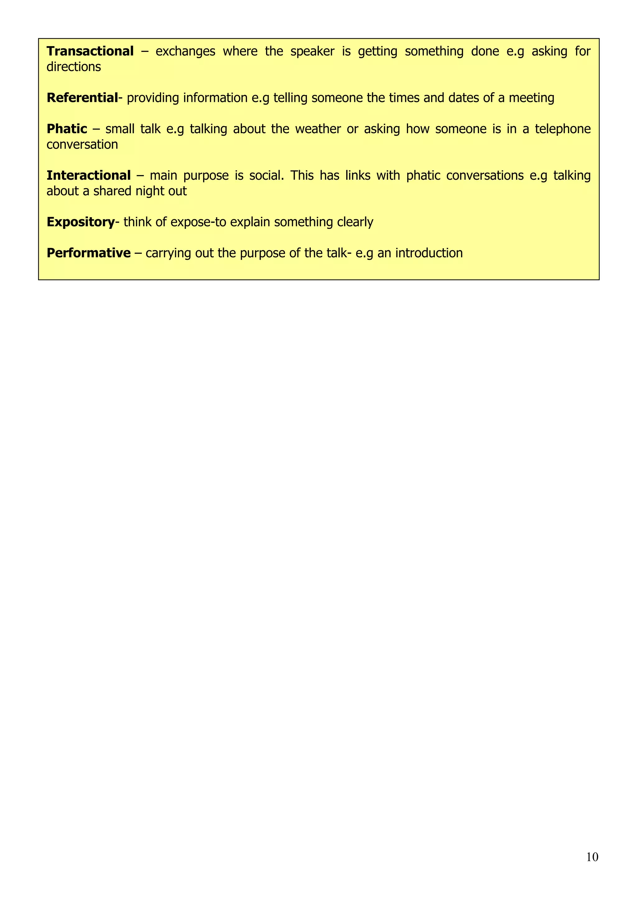 Transactional – exchanges where the speaker is getting something done e.g asking for directions Referential- providing information e.g telling someone the times and dates of a meeting Phatic – small talk e.g talking about the weather or asking how someone is in a telephone conversation Interactional – main purpose is social. This has links with phatic conversations e.g talking about a shared night out Expository- think of expose-to explain something clearly Performative – carrying out the purpose of the talk- e.g an introduction 10 