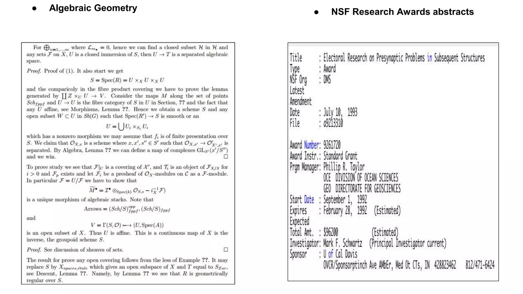 ● Algebraic Geometry ● NSF Research Awards abstracts
 