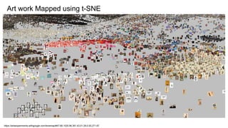 Artworks mapped using Machine Learning.
Art work Mapped using t-SNE
https://artsexperiments.withgoogle.com/tsnemap/#47.68,1025.98,361.43,51.29,0.00,271.67
 
