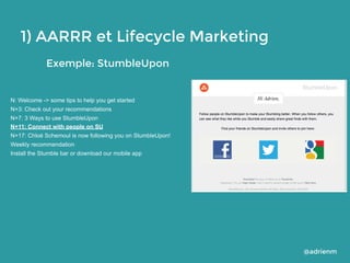 1) AARRR et Lifecycle Marketing
Exemple: StumbleUpon

N: Welcome -> some tips to help you get started
N+3: Check out your ...