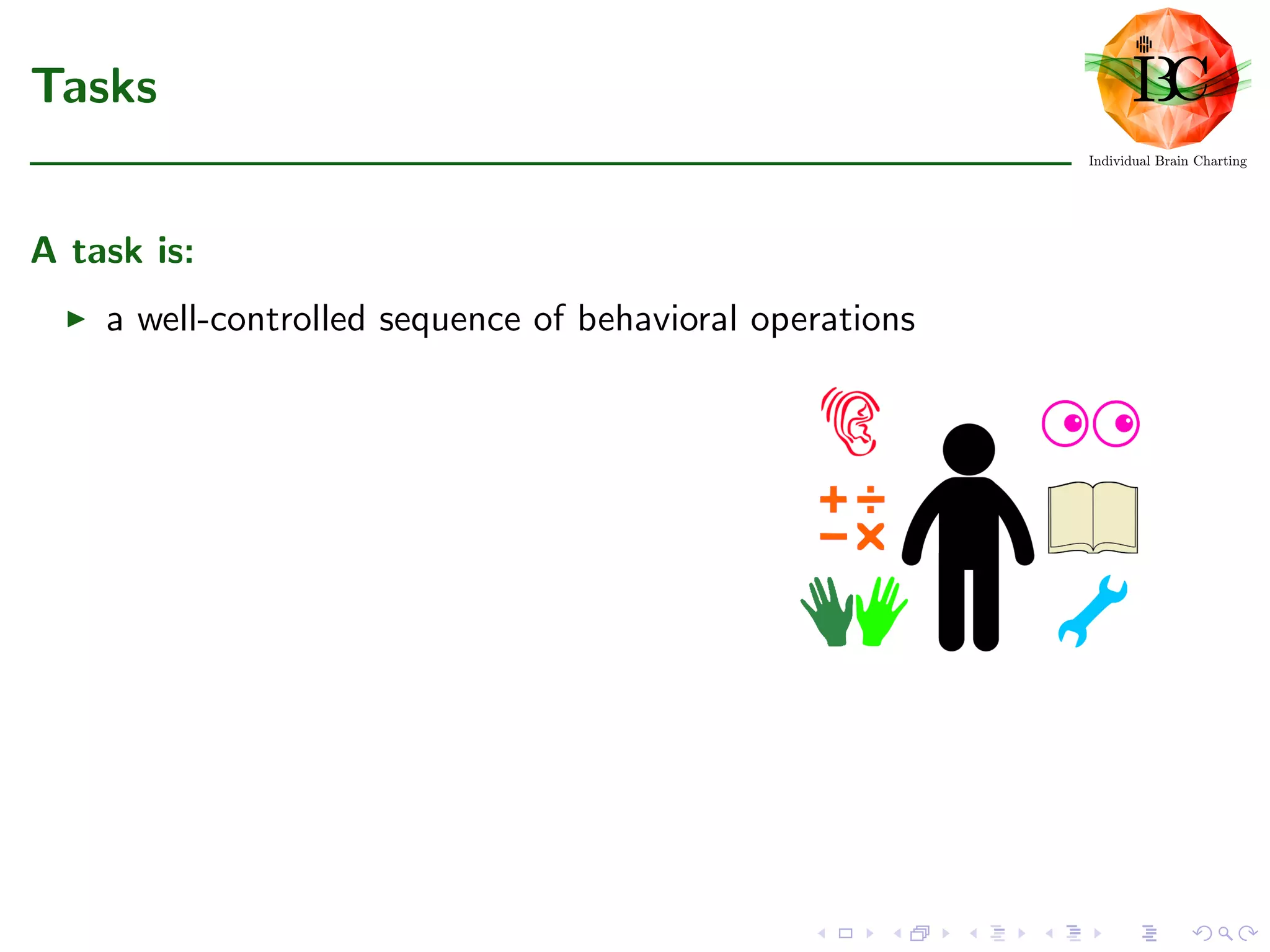 Tasks
A task is:
a well-controlled sequence of behavioral operations
 