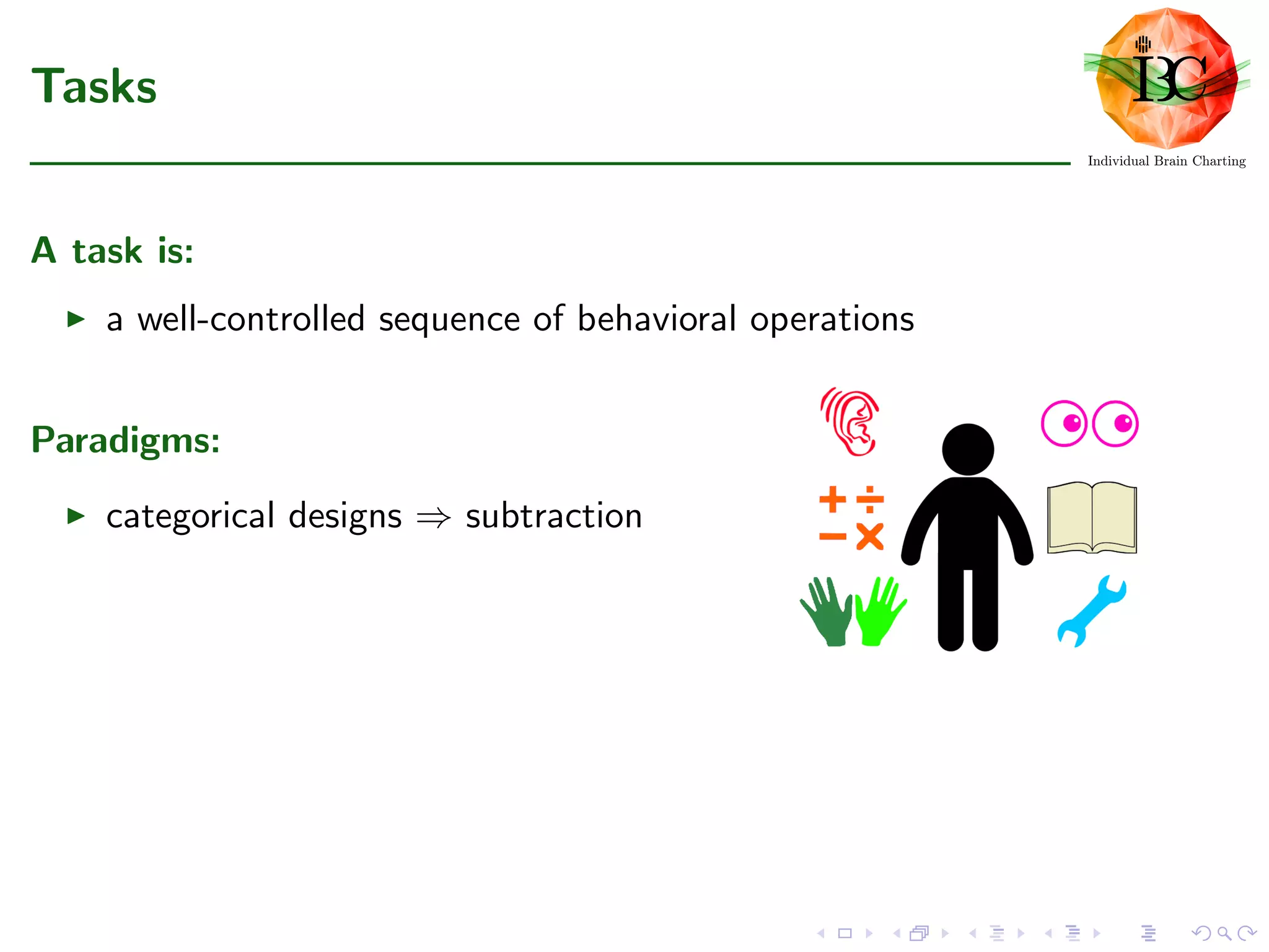 Tasks
A task is:
a well-controlled sequence of behavioral operations
Paradigms:
categorical designs ⇒ subtraction
 