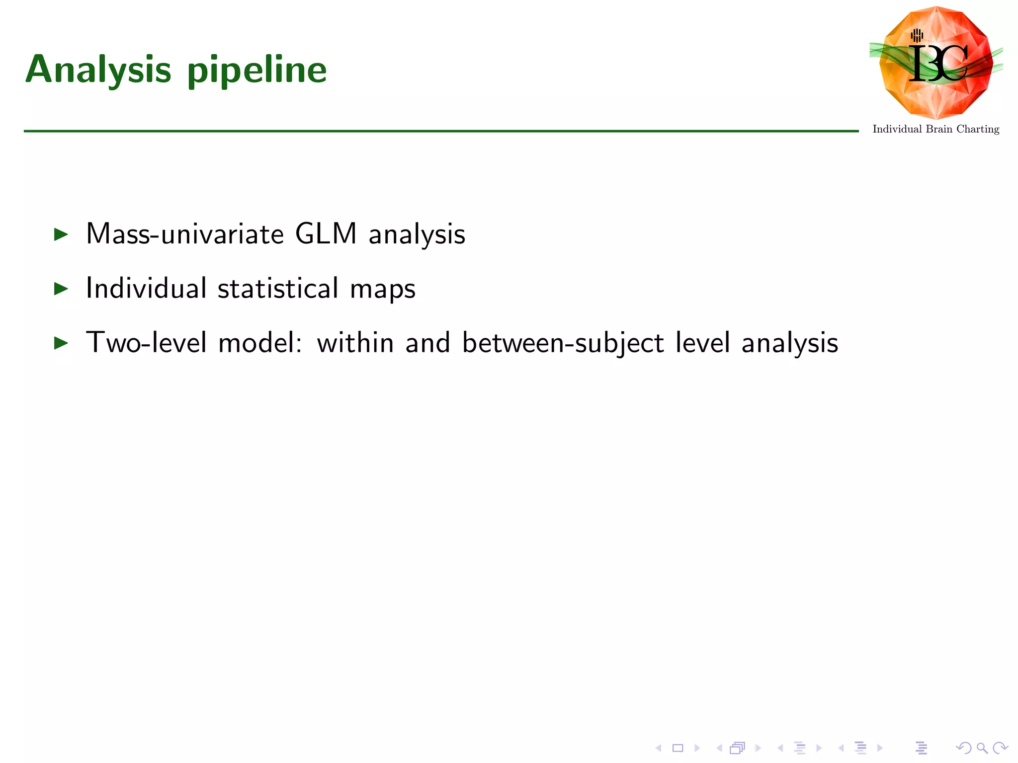 Analysis pipeline
Mass-univariate GLM analysis
Individual statistical maps
Two-level model: within and between-subject level analysis
 