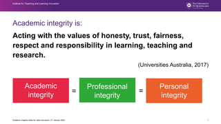 Acting with the values of honesty, trust, fairness,
respect and responsibility in learning, teaching and
research.
(Universities Australia, 2017)
Academic integrity is:
1
Institute for Teaching and Learning Innovation
Academic
integrity
Personal
integrity
Professional
integrity
= =
Academic integrity slides for class discussion | 21 January 2022
 
