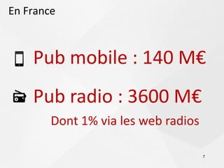 En France



    Pub mobile : 140 M€
    Pub radio : 3600 M€
        Dont 1% via les web radios

                                     7
 