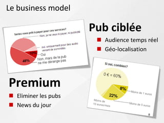 Le business model

                      Pub ciblée
                        Audience temps réel
                        Géo-localisation




Premium
 Eliminer les pubs
 News du jour
                                        8
 