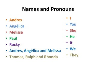 Names and Pronouns
•   Andres                         •   I
•   Angélica                       •   You
•   Melissa                        •   She
•   Paul                           •   He
•   Rocky                          •   It
•   Andres, Angélica and Melissa   •   We
•   Thomas, Ralph and Rhonda       •   They
 