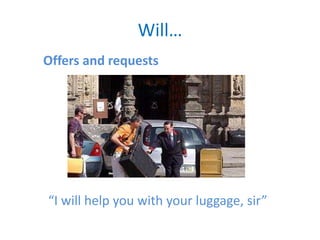 Will…
Offers and requests
“I will help you with your luggage, sir”
 