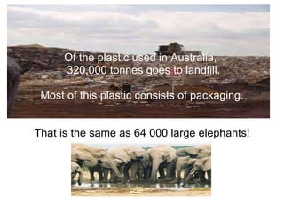 Of the plastic used in Australia,  320,000 tonnes goes to landfill. Most of this plastic consists of packaging. That is the same as 64 000 large elephants! 