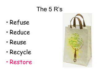 The 5 R’s Refuse Reduce Reuse Recycle Restore 