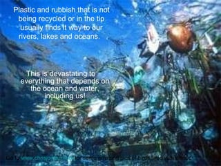 This is devastating to everything that depends on the ocean and water, including us! Plastic and rubbish that is not being recycled or in the tip usually finds it way to our rivers, lakes and oceans.   Go to  www.chrisjordan.com  for some amazing pics of birds filled with plastic  