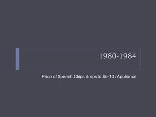 1980-1984

Price of Speech Chips drops to $5-10 / Appliance
 