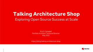 Talking Architecture Shop
Eric D. Schabell
Portfolio Architect Technical Director
May 2022
https://bit.ly/talking-architecture-shop
Paul Vergilis
Integration Solutions Architect
@pverge1
Debezium, Kafka,Camel
Exploring Open Source Success at Scale
 