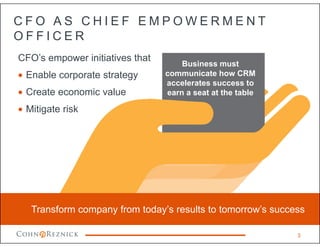 CFO’s empower initiatives that
• Enable corporate strategy
• Create economic value
• Mitigate risk
C F O A S C H I E F E M P O W E R M E N T
O F F I C E R
Business must
communicate how CRM
accelerates success to
earn a seat at the table
Transform company from today’s results to tomorrow’s success
3
 