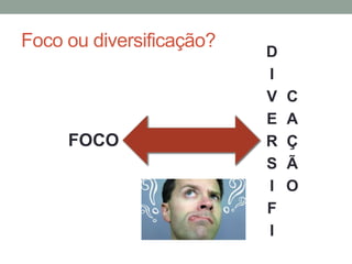 Foco ou diversificação? 
FOCO 
D 
I 
V 
E 
R 
S 
I 
F 
I 
C 
A 
Ç 
Ã 
O 
 
