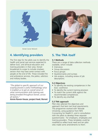 Dorset Cancer Network

4. Identifying providers

5. The TNA itself

The first step for the pilots was to identify the
health and social care services expected to
deliver EoLC and all local education and
training providers in their area. Dorset
broadened its scope to include nineteen
sectors that may have some contact with
people at the end of life. These included fire
and ambulance services, the police, solicitors
and military bodies.

5.1 Methods
There are a range of data collection methods
available, which include:
• Interviews
• Group discussions
• Focus groups
• Questionnaires and surveys
• Job analysis, including review of job
descriptions.

“The global to specific approach of our
scoping proved a useful methodology since
it enabled us to get an overall sense of
what communication skills training was
being provided throughout Dorset, across
all sectors.”
Annie Raven-Vause, project lead, Dorset

5.2 Objectives
• To identify the existing competences in the
EoLC workforce
• To identify the current training provision
• To match the current skills against the
recommended competences
• To identify any shortfall.
5.3 TNA approach
Pilot sites selected the objectives and
approach that best met local requirements.
The programme worked with Teesside
University, using guidance from NHS
Connecting for Health5,6, and in consultation
with the pilots to develop three separate
questionnaires - for employers, employees and
training providers. These templates could be
modified to reflect local need and ten pilot
sites made some amendments to them.

10

 