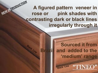 A figured pattern veneer in
  rose or     pink shades with
contrasting dark or black lines
          irregularly through it


               Sourced it from
      Brazil and added to the
               ‘medium’ range

                     “TINEO”
 