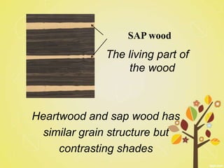 SAP wood
              The living part of
                  the wood



Heartwood and sap wood has
  similar grain structure but
     contrasting shades
 