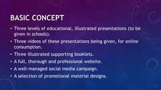 BASIC CONCEPT
• Three levels of educational, illustrated presentations (to be
given in schools).
• Three videos of these p...