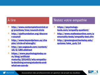 http://www.contemplativemind.or
g/practices/tree/council-circle
http://ojaifoundation.org/discove
r-council
http://www.beyondprison.us/cha
pter/circle-of-strength/
http://psr.sagepub.com/content/
15/2/180.abstract
https://www.psychologytoday.co
m/blog/artificial-
maturity/201403/why-empathy-
is-declining-among-students-and-
what-we-can-do
https://psychology-
tools.com/empathy-quotient/
http://www.realtestsonline.com/p
ersonality-tests/empathy-test.cfm
http://greatergood.berkeley.edu/
quizzes/take_quiz/14
23
À lire Testez votre empathie
 