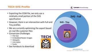 www.cgmlarson.com
Copyright Larson Software Technology (c) 2020
TECH SVG Profile
• Exporting the CGM file, we only use a
relatively small portion of the SVG
specification
• However, there is an intersection with Full and
Tiny profiles
• We are currently optimizing the export based
on real life customer files
• Conversion Challenges
• File Size
• Embedded Raster Images
• Hotspots
• Line styles
• Fonts
• See handouts to download
SVG - Full
SVG - Tiny
 
