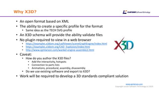 www.cgmlarson.com
Copyright Larson Software Technology (c) 2019
Why X3D?
• An open format based on XML
• The ability to create a specific profile for the format
• Same idea as the TECH SVG profile
• An X3D schema will provide the ability validate files
• No plugin required to view in a web browser
• https://examples.x3dom.org/cadViewer/sceneGraphEngine/index.html
• https://examples.x3dom.org/CAD_Explosion/index.html
• http://www.cgmlarson.com/wankel-engine-assembly1.html
• Caveat:
• How do you author the X3D files?
• Add the interactivity, hotspots
• Connection to parts lists
• Animations, procedural, assembly, disassembly
• Do we use existing software and export to X3D?
• Work will be required to develop a 3D standards compliant solution
 