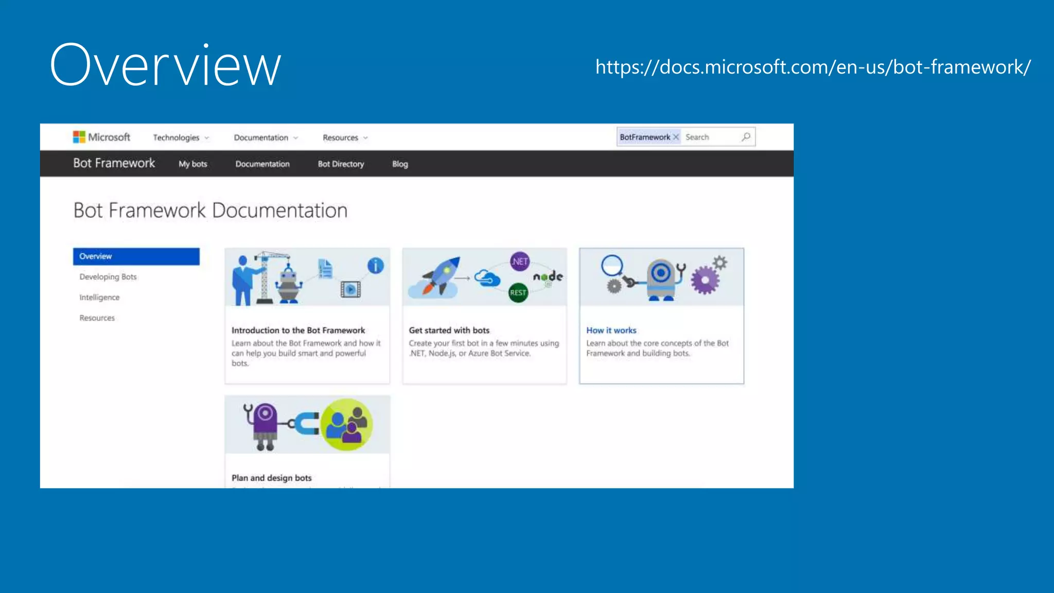 Overview https://docs.microsoft.com/en-us/bot-framework/
 