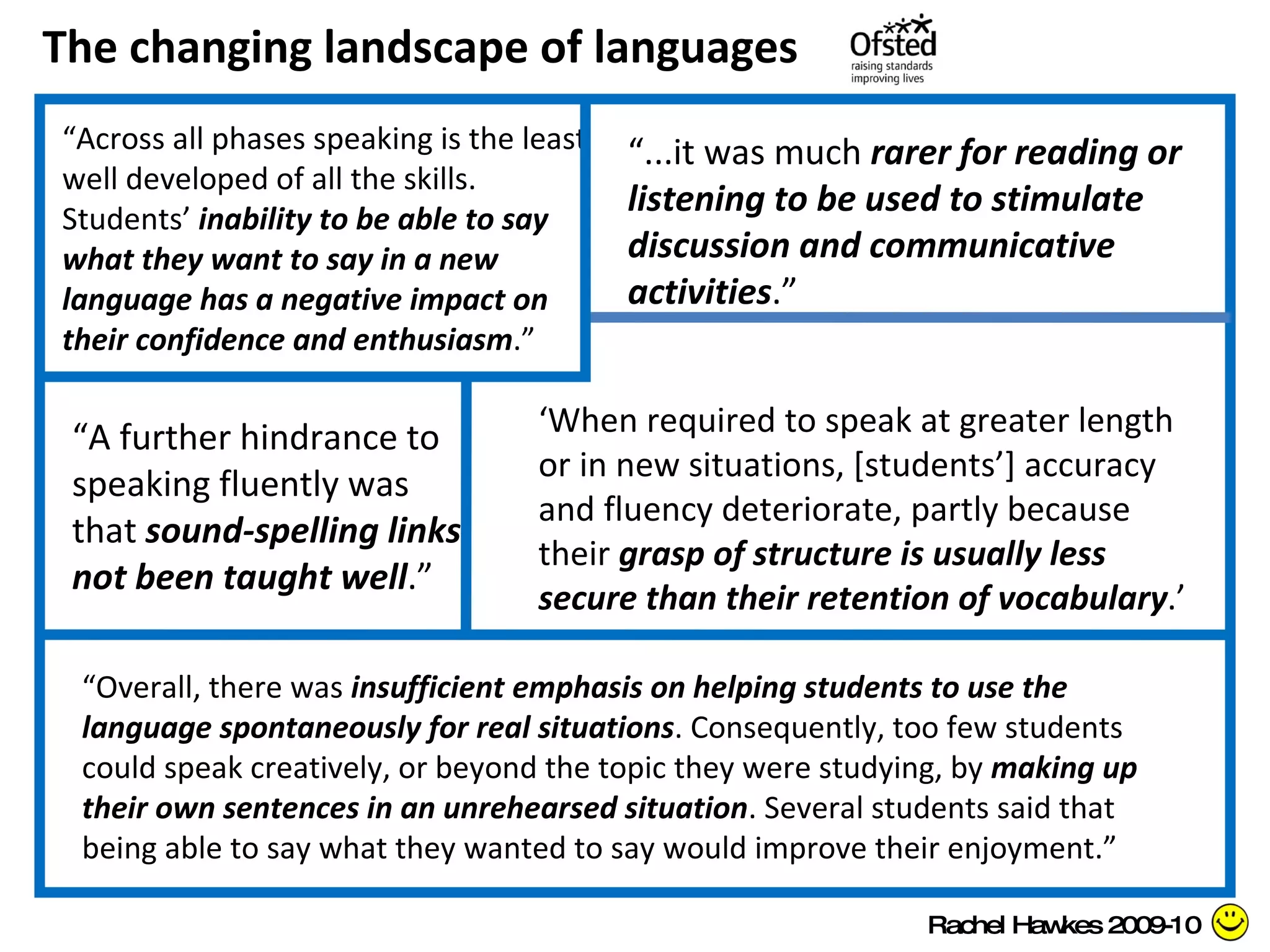 “ Across all phases speaking is the least well developed of all the skills. Students’  inability to be able to say what they want to say in a new language has a negative impact on their confidence and enthusiasm .” ‘ When required to speak at greater length or in new situations, [students’] accuracy and fluency deteriorate, partly because their  grasp of structure is usually less secure than their retention of vocabulary .’ “ ...it was much  rarer for reading or listening to be used to stimulate discussion and communicative activities .” “ A further hindrance to speaking fluently was that  sound-spelling links not been taught well .” “ Overall, there was  insufficient emphasis on helping students to use the language spontaneously for real situations . Consequently, too few students could speak creatively, or beyond the topic they were studying, by  making up their own sentences in an unrehearsed situation . Several students said that being able to say what they wanted to say would improve their enjoyment.” Rachel Hawkes 2009-10 The changing landscape of languages 