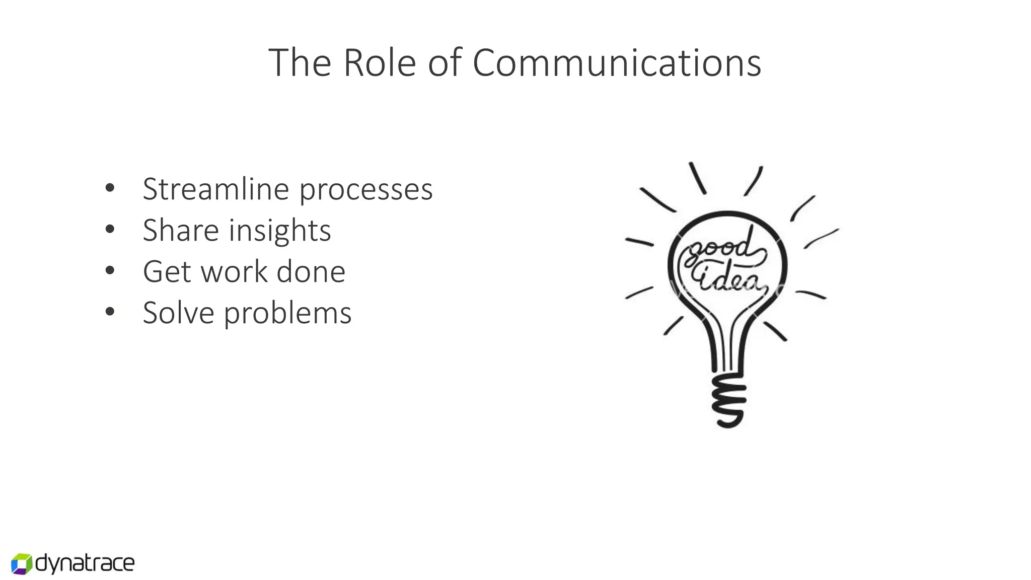 The Role of Communications
• Streamline processes
• Share insights
• Get work done
• Solve problems
 
