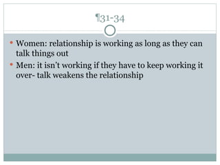 ¶31-34 Women: relationship is working as long as they can talk things out Men: it isn’t working if they have to keep working it over- talk weakens the relationship 