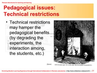 Pedagogical issues: Technical restrictions Technical restrictions may hamper the  pedagogical benefits… (by degrading the experiments, the interaction among,  the students, etc.) [Quino] 